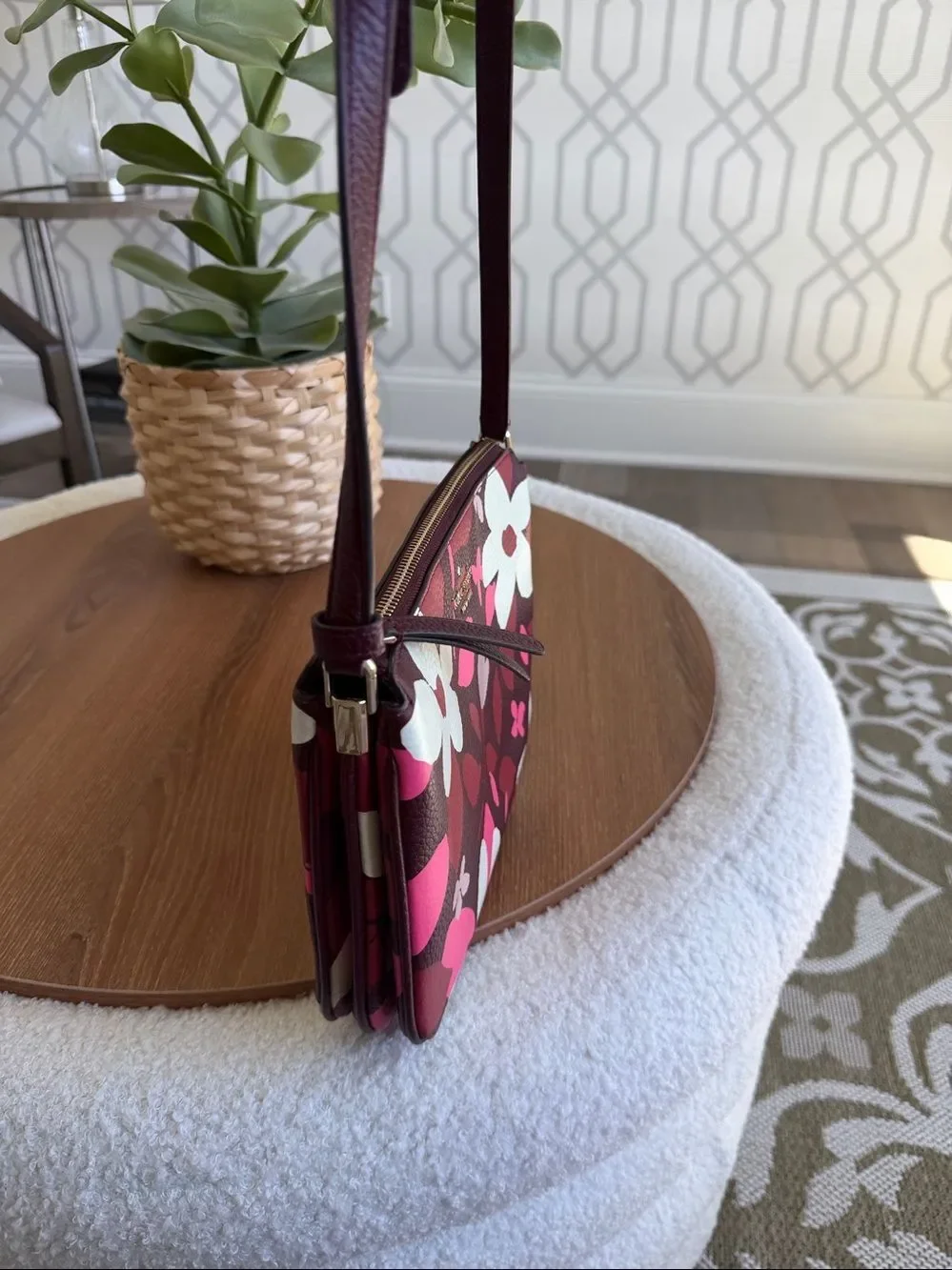Kate Spade Floral Crossbody Purse Pink Burgundy Leather Like New